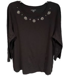 Laura Scott Black Jeweled Neckline Top Size 1X